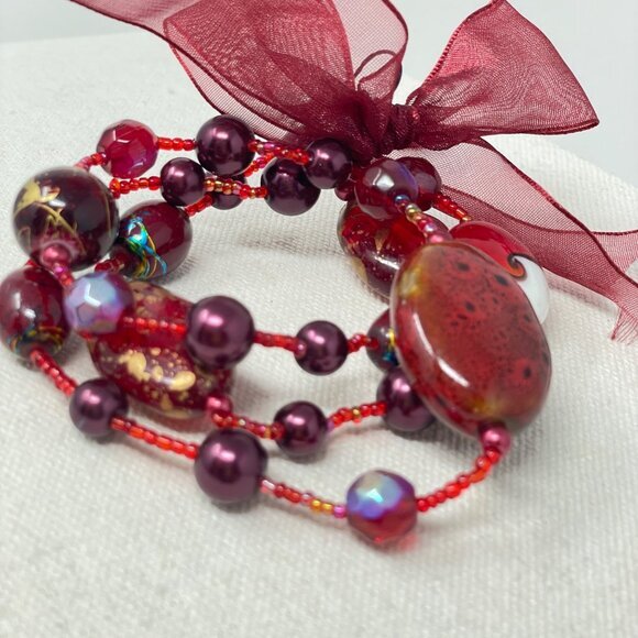 Red Stones Glass Lampwork Beads‎ Stretch Bracelet Set of 3 Valentines Gift Love - Picture 2 of 7